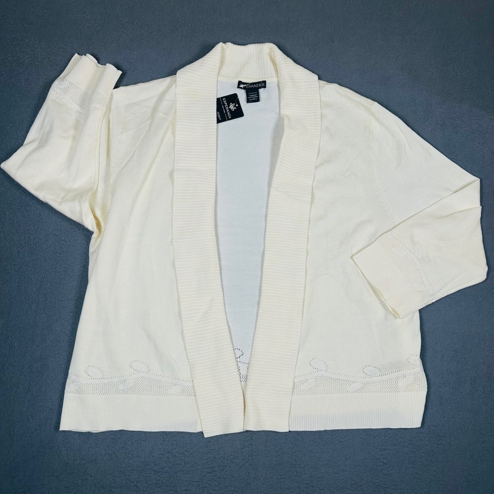 Esperanza Cardigan Womens XL Cream Open Front Pointelle Leaf Knit ES3847 NWT
